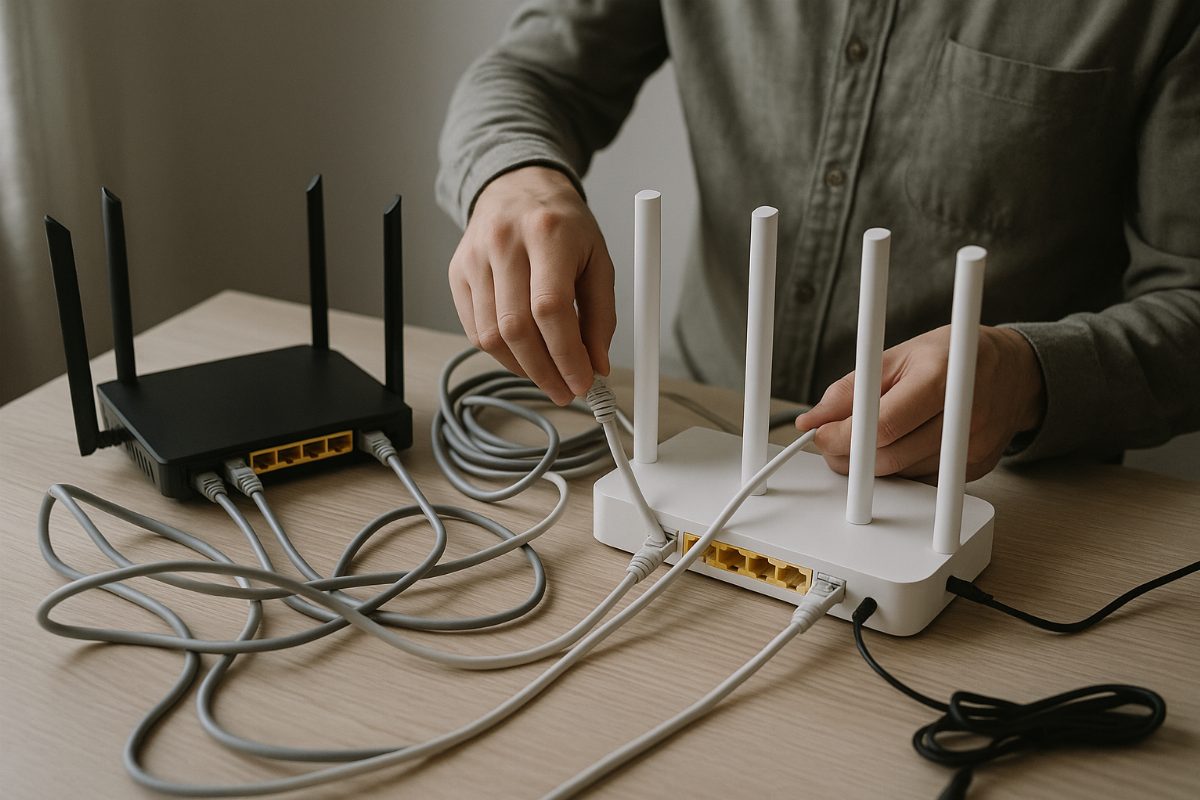 Person installerar hemdatanätverk med routrar och kablar